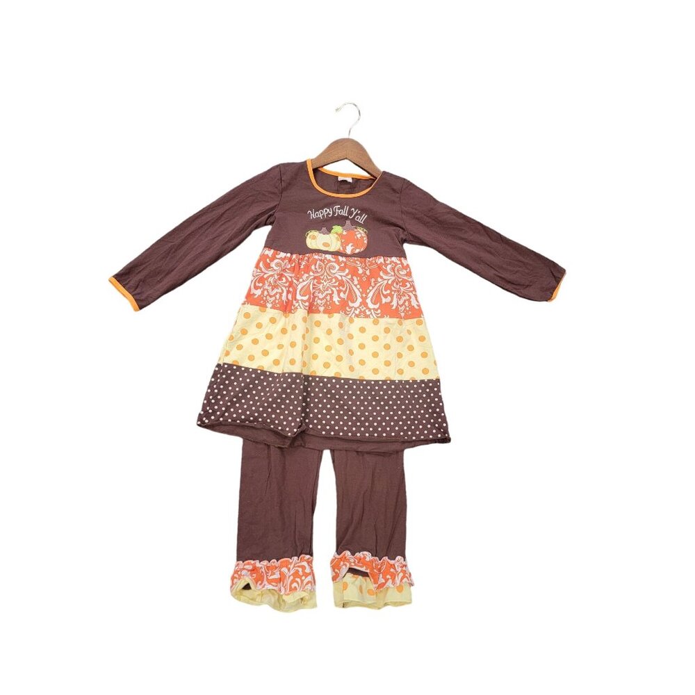 Girls Fall Outfit - Happy Fall Yall Pumpkin Print Dress‎ & Leggings Set 7/8